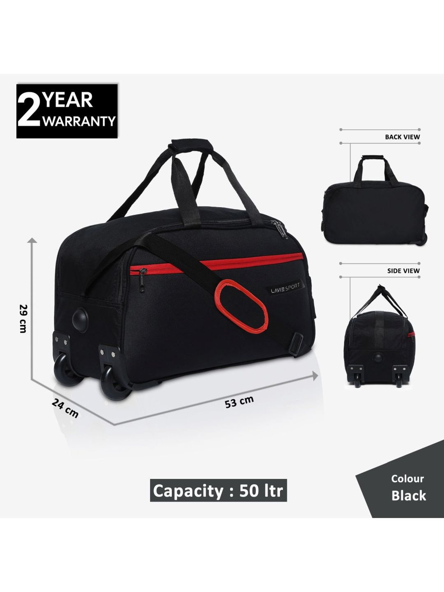 LAVIE SPORT Lino Black 2 Wheels Medium Duffle Trolley Bag - 53 cm