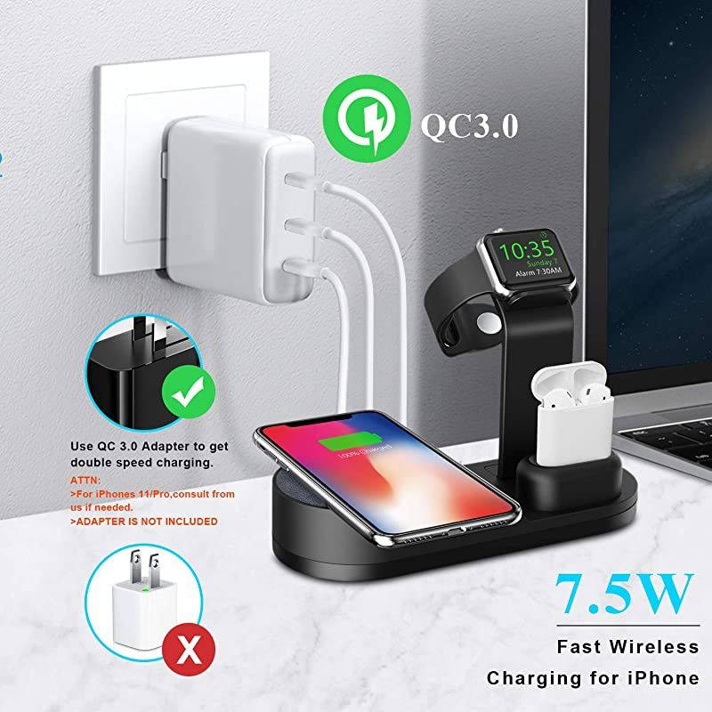 Wireless Charger iWatch Stand Compatible with iWatch Series SE 6 5 4 3 2 1, AirPods Pro Airpods and iPhone Series 12 SE 11 11 pro 11 Pro Max Xs X Max XR X 8 8P(No Adapter) Black