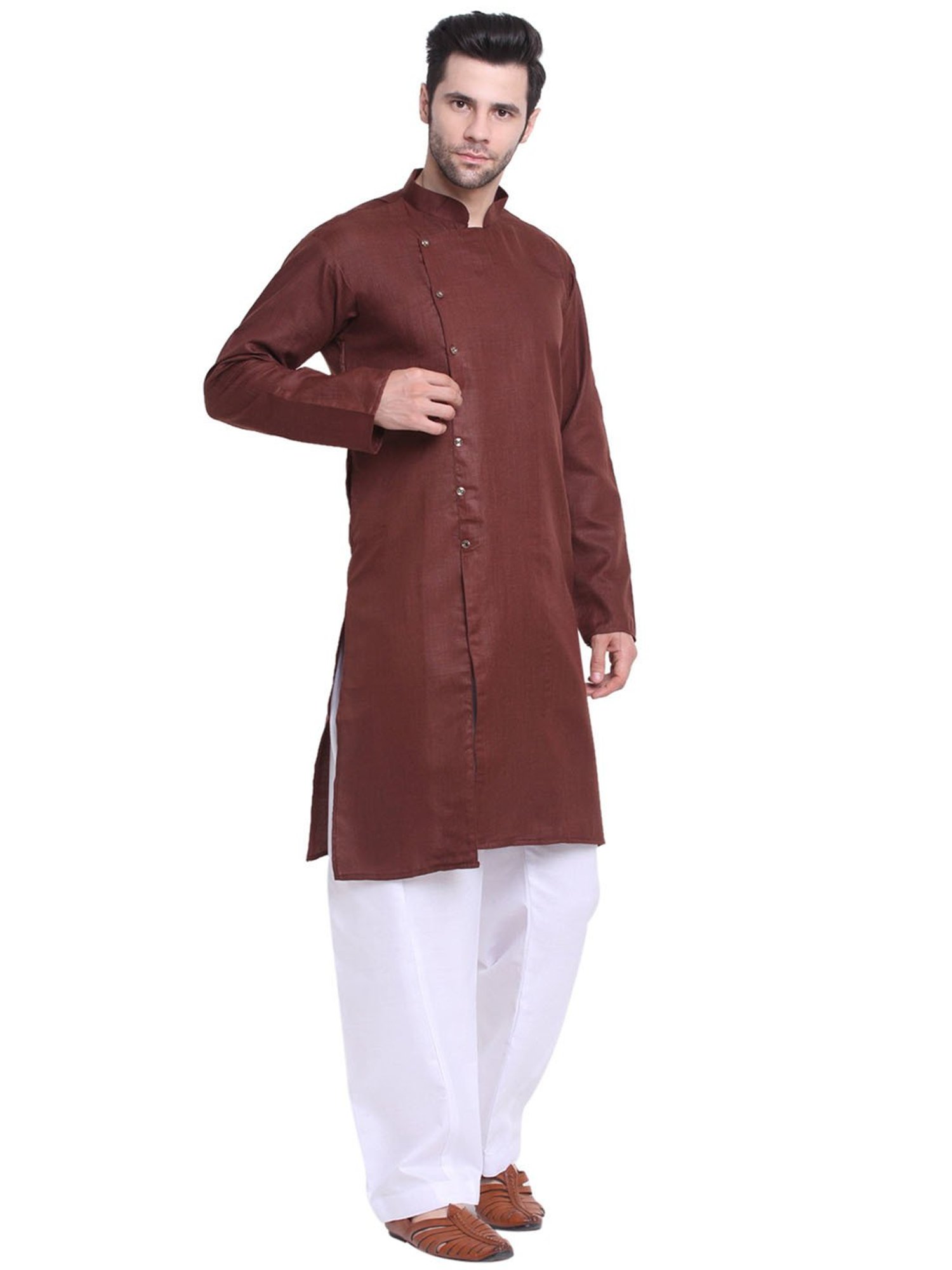 Benstoke Brown & White Regular Fit Angrakha Kurta & Pyjamas Set
