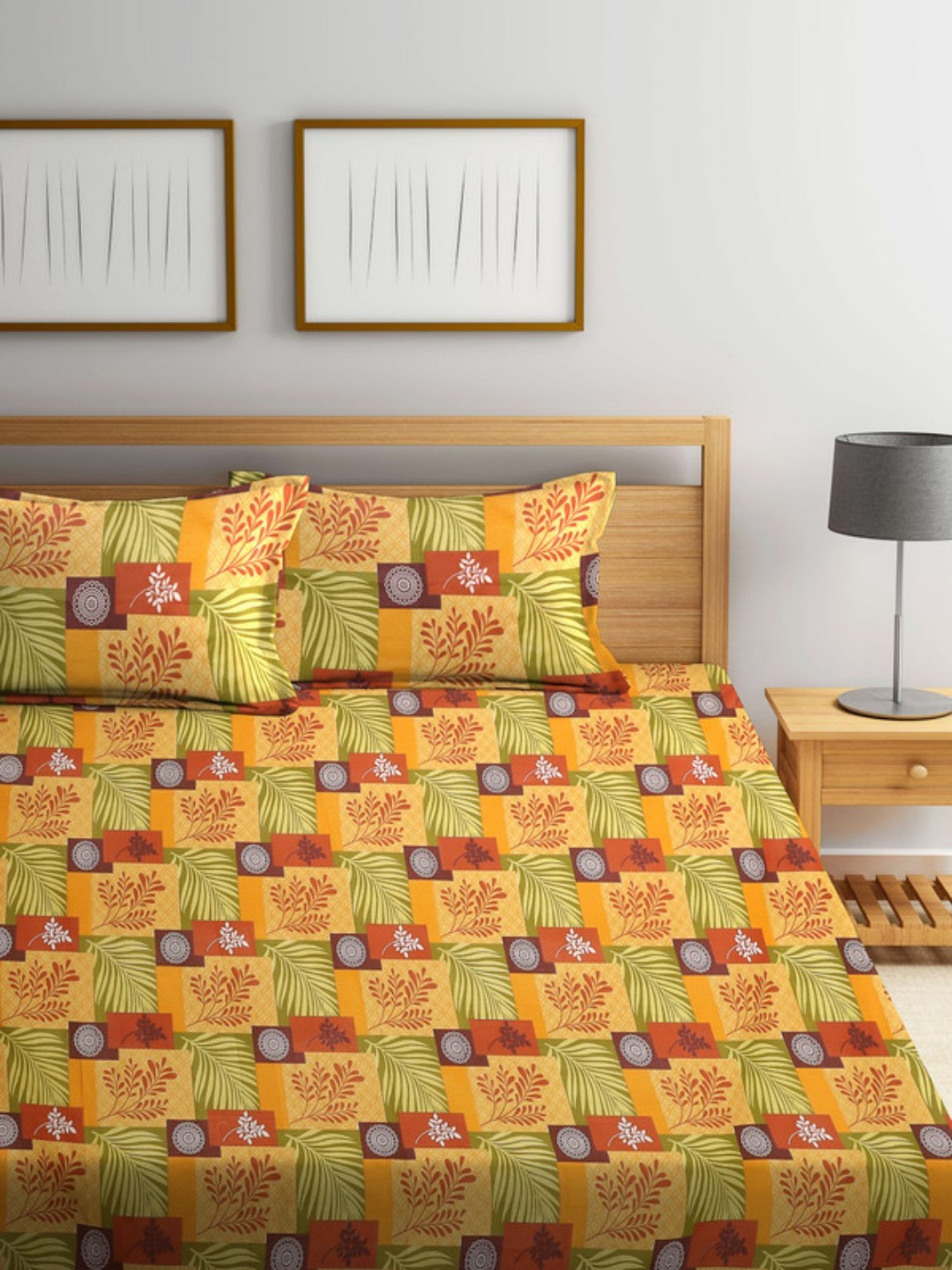 Dhrohar Printed Yellow & Brown Cotton 180 TC Double Bedsheet with 2 Pillow covers