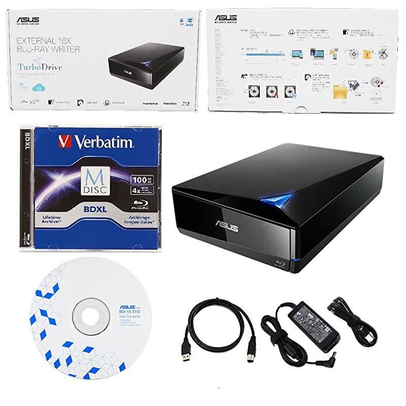 16x External Blu-ray Drive with BD Suite Disc, USB 3.0 Cable, Power Adapter and Cord (BW-16D1X-U) Bundle with 100GB Verbatim M-DISC BDXL