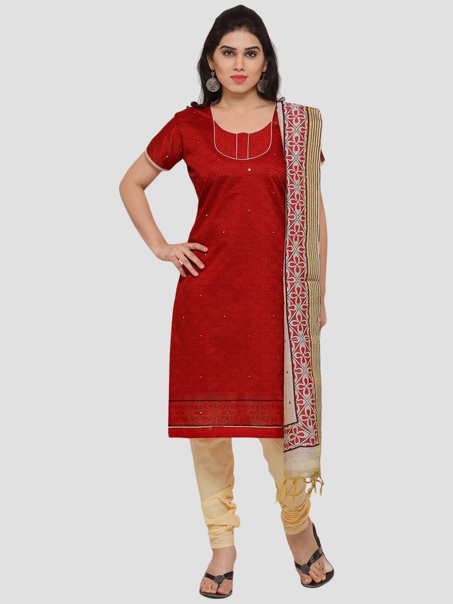 Saree Mall Red & Beige Printed Dress Material