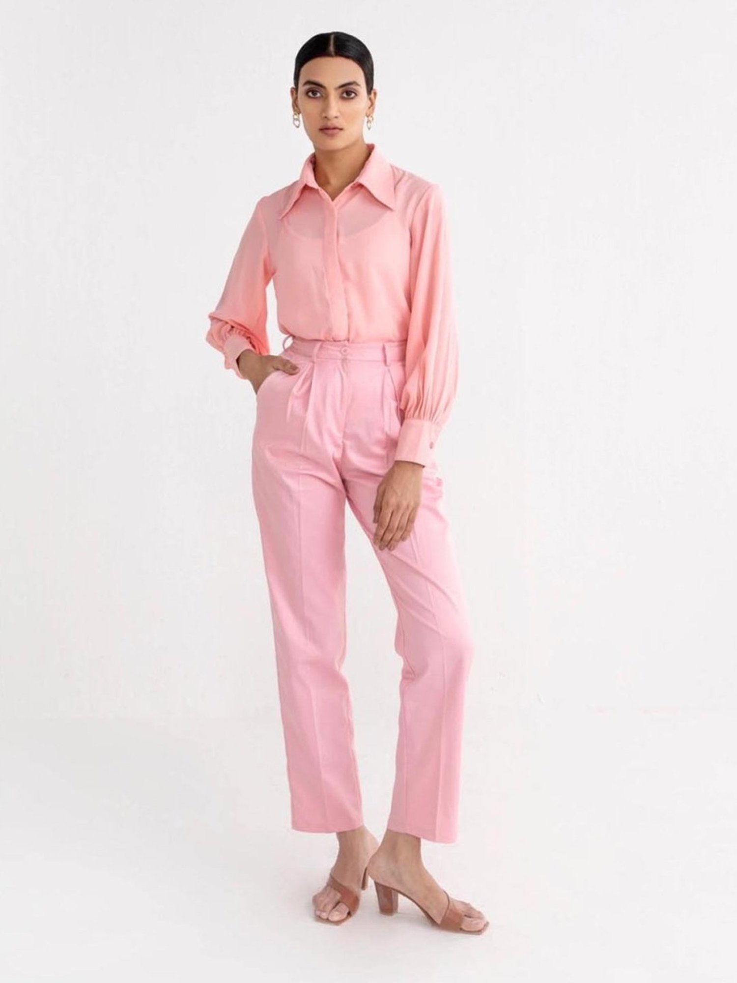 Qua Blush Pink Pleated Straight Trousers