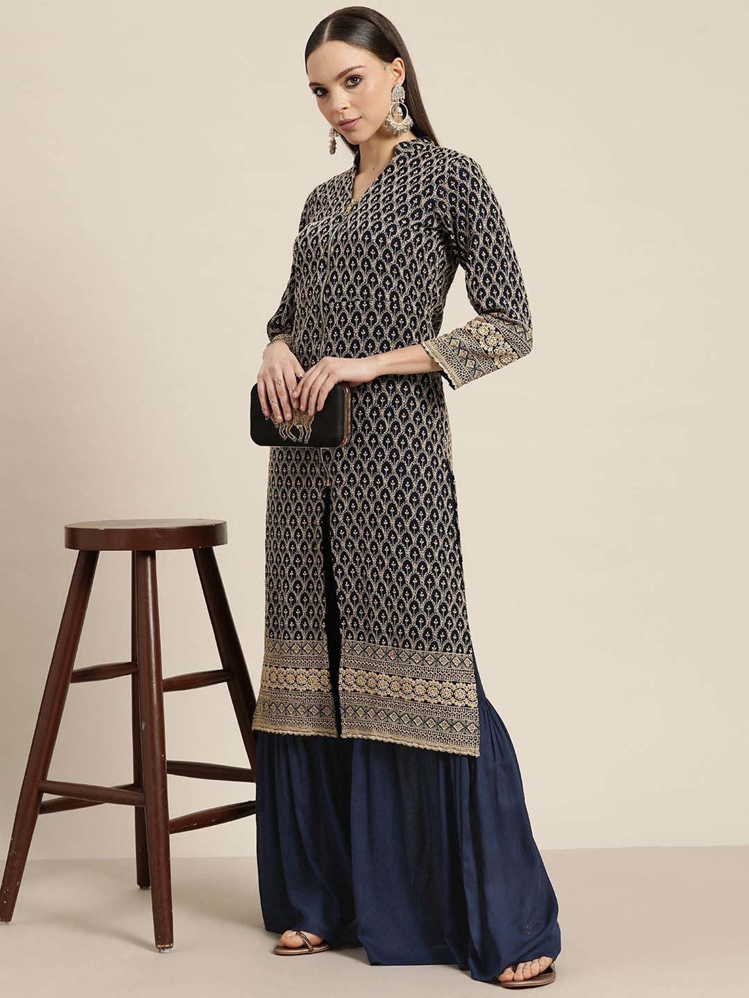 Jompers Navy Embroidered Kurta Palazzo Set With Dupatta