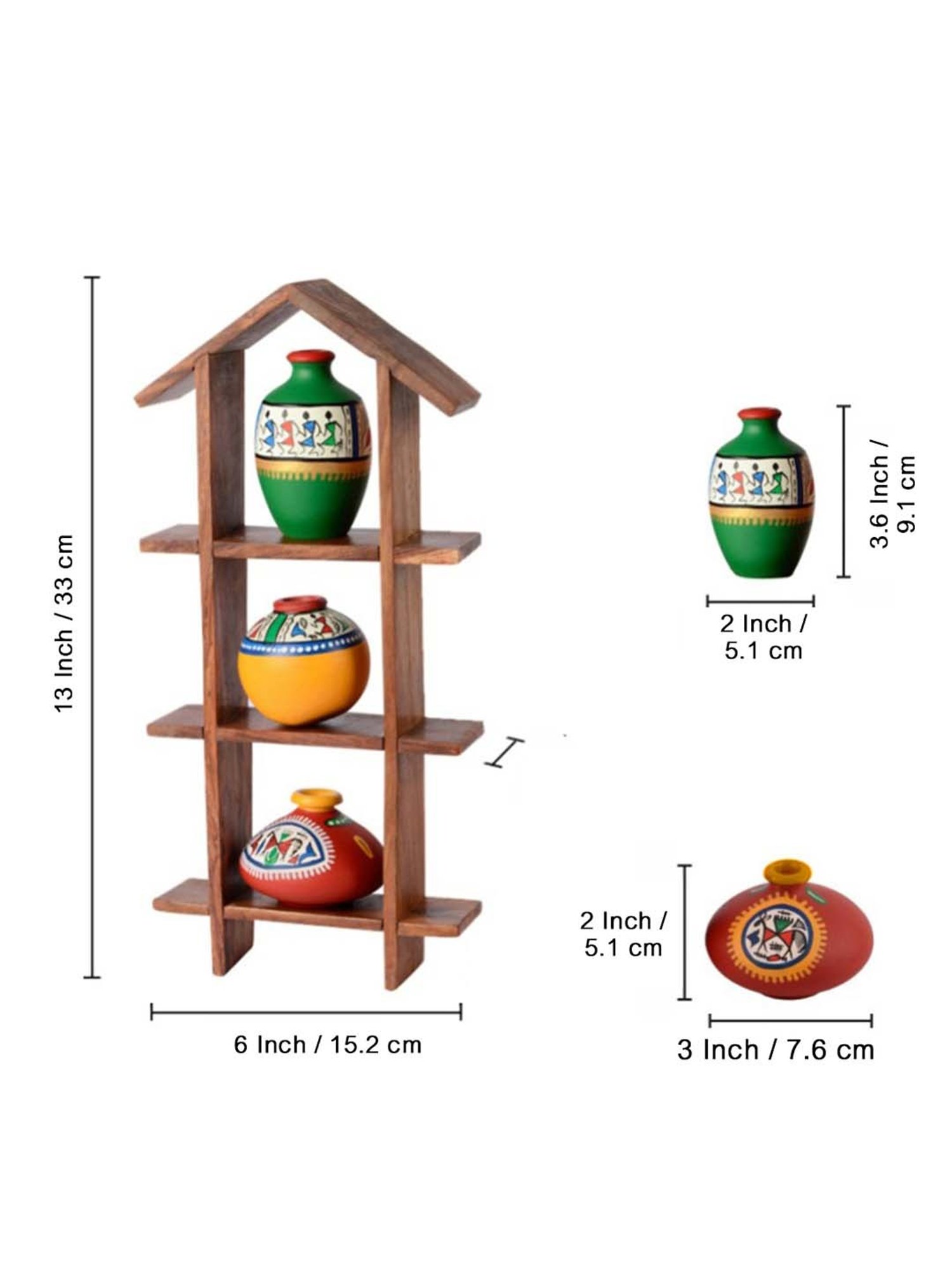 ExclusiveLane 3 Terracotta Warli Handpainted Pots With Sheesham Wooden Hut Frame Wall Hanging