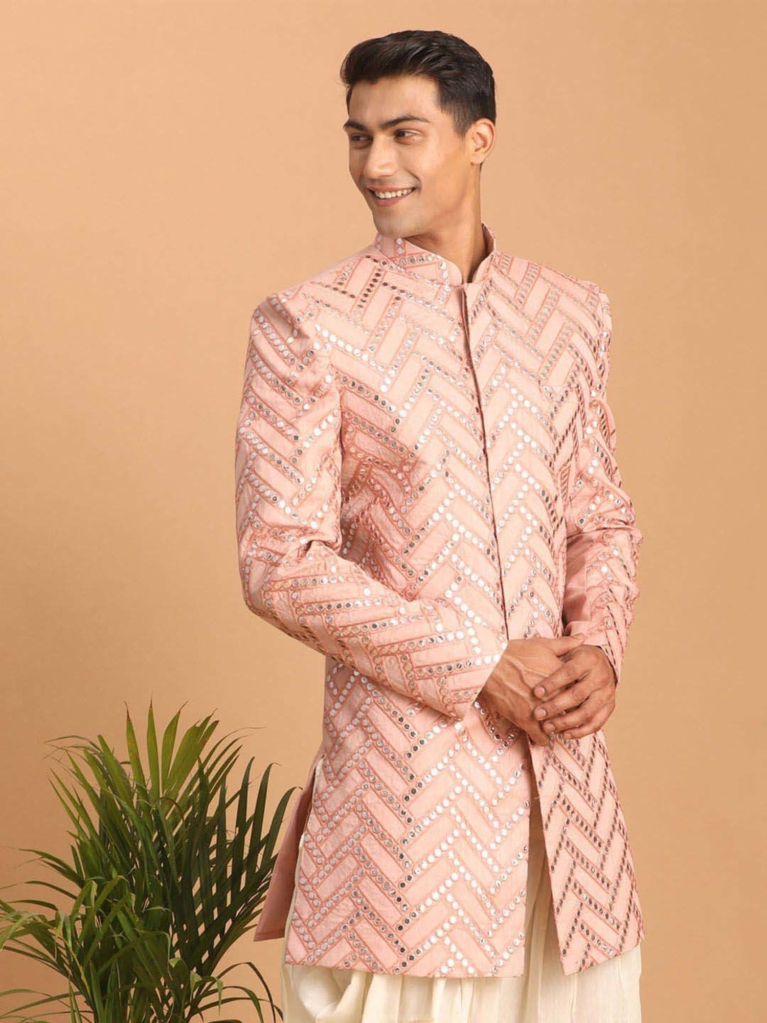 Hangup Plus Beige & Black Regular Fit Printed Sherwani Set