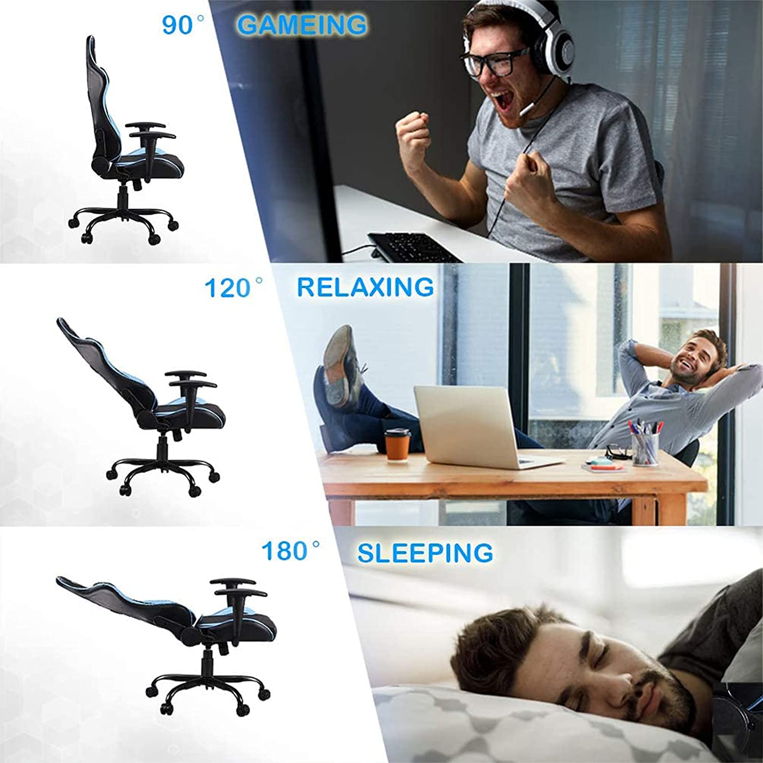 Gaming Chair Racing Computer Chair Ergonomic High Back Video Game Chair PU Leather E-Sports Chair with Headrest and Lumbar Support Executive Office Chair (Blue)