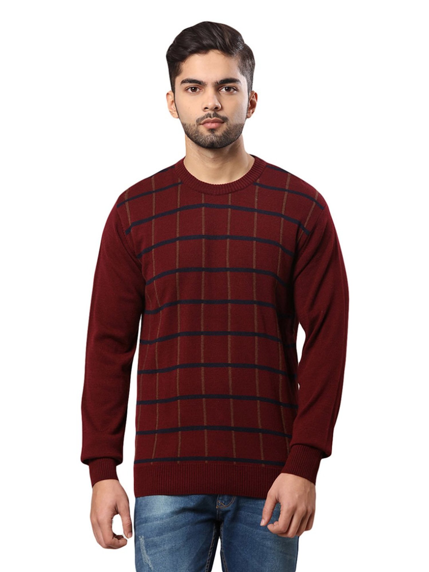 Raymond Maroon Regular Fit Checks Sweater