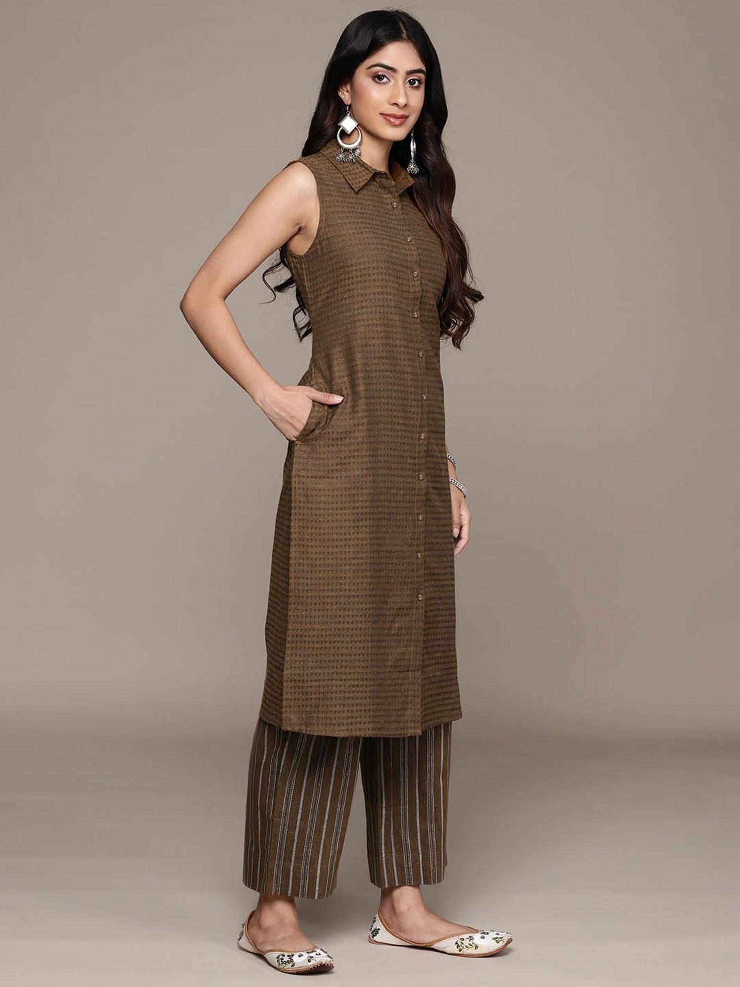 Anubhutee Brown Cotton Printed Kurta Pant Set