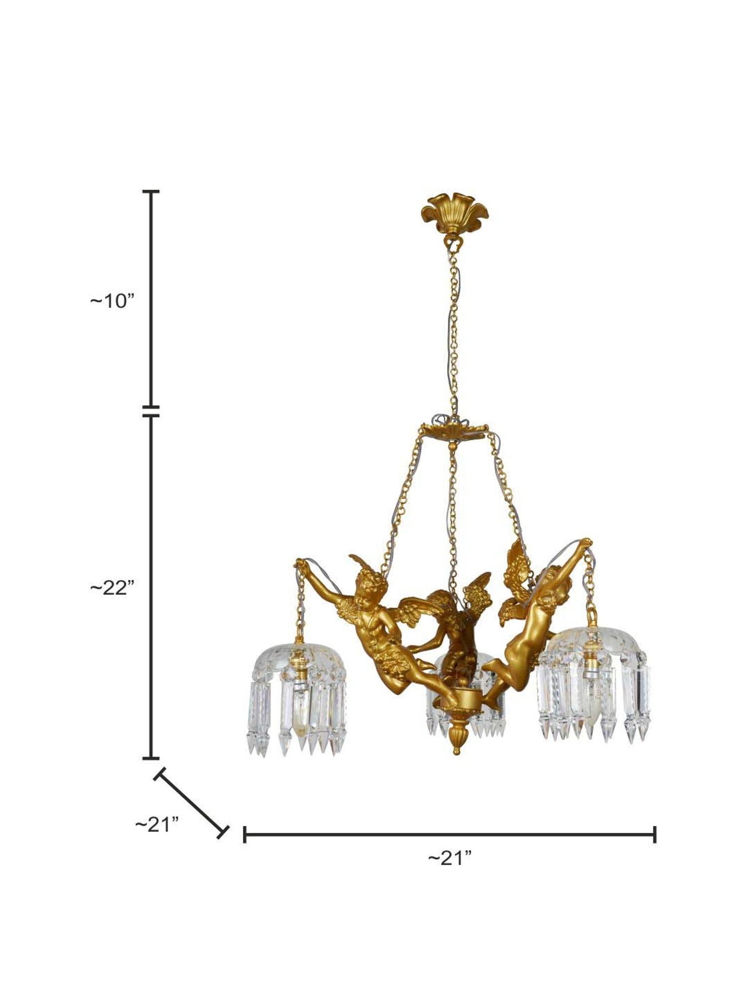 FOS LIGHTING Golden & Transparent Aluminium 3-In-1 Cherubs Chandelier With Glass Shade