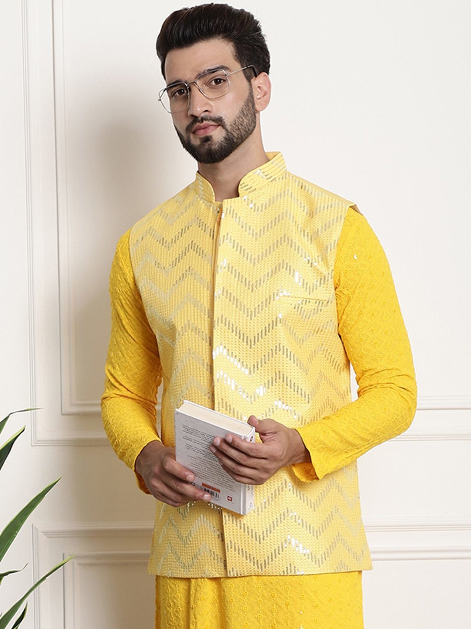 Sojanya Yellow Regular Fit Embroidered Nehru Jacket