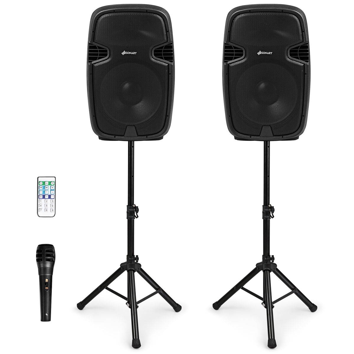 Portable Dual 15'' 2-way 2000 W Powered Speakers w/ Bluetooth Stands & Controller