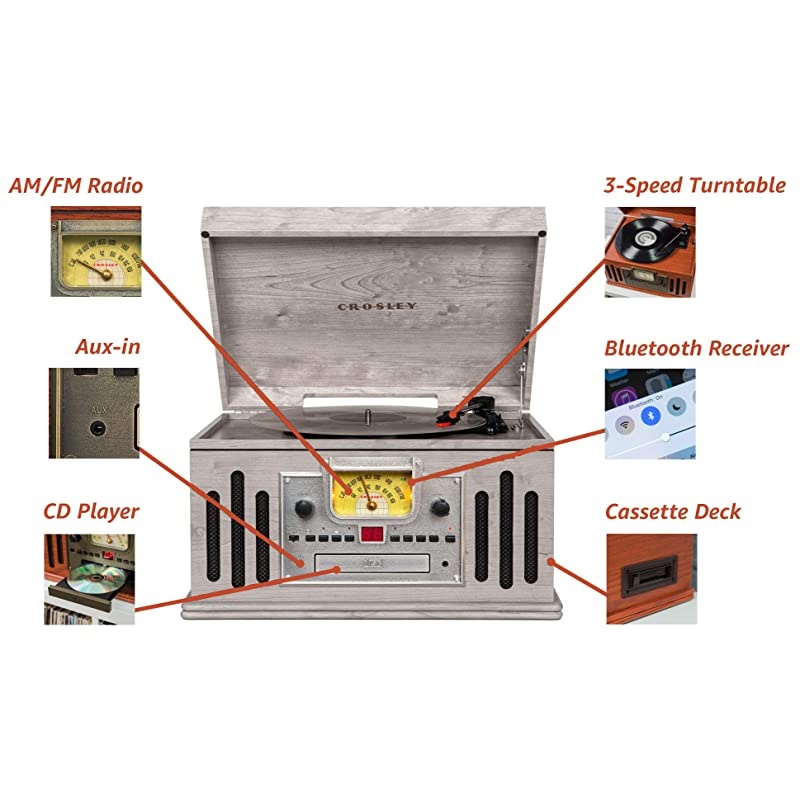 CR704B-GY Musician 3-Speed Turntable with Radio, CD/Cassette Player, Aux-in and Bluetooth, Gray