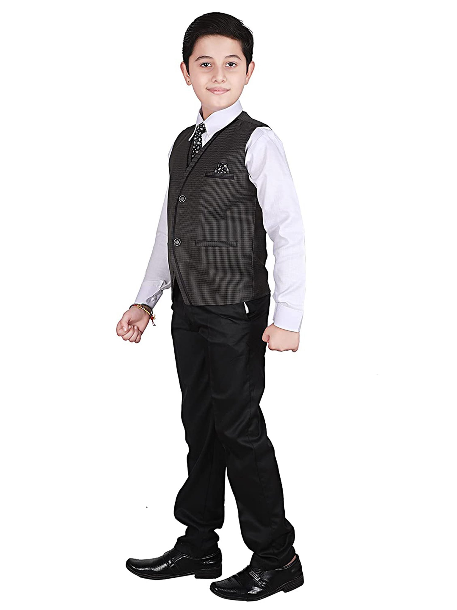 Pro-Ethic Style Developer Kids Black & White Solid Full Sleeves Shirt, Waistcoat, Pants with Tie