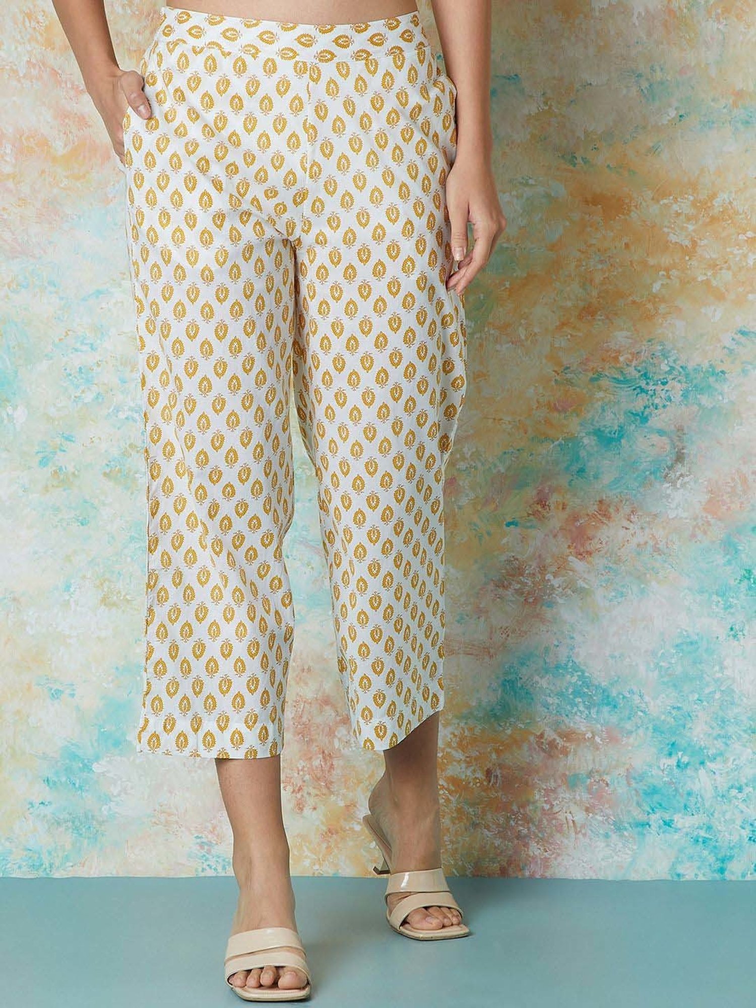 Melange by Lifestyle Mustard & White Cotton Printed Kurta & Pant Set