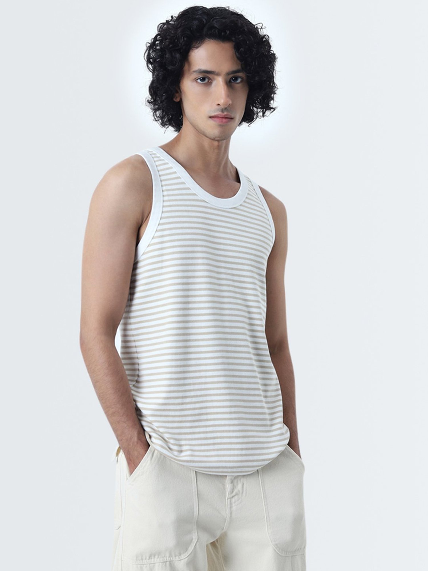 Nuon by Westside Beige Striped Slim-Fit Cotton Blend Vest