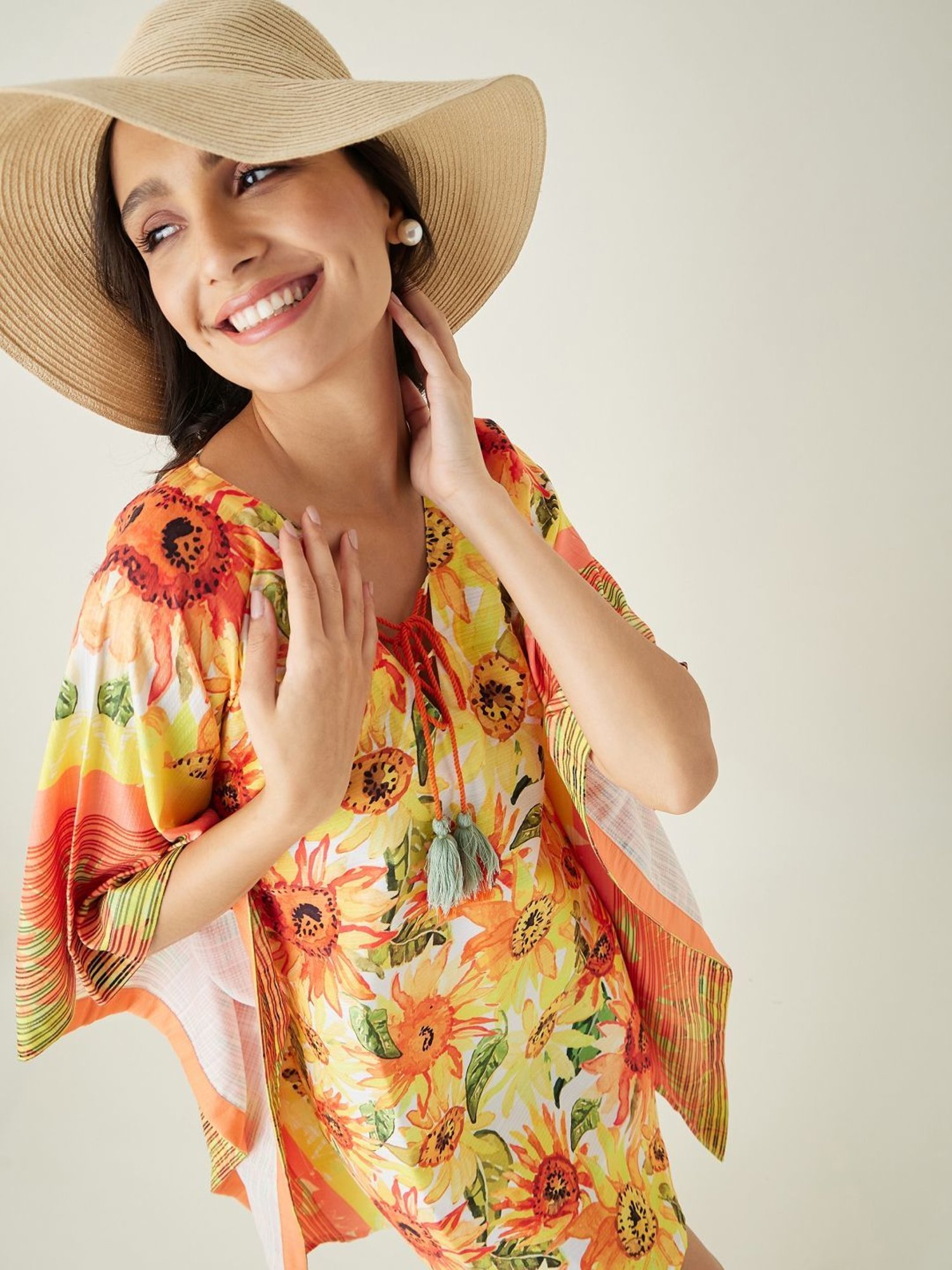 The Kaftan Company Yellow Floral Print Beachwear Kaftan