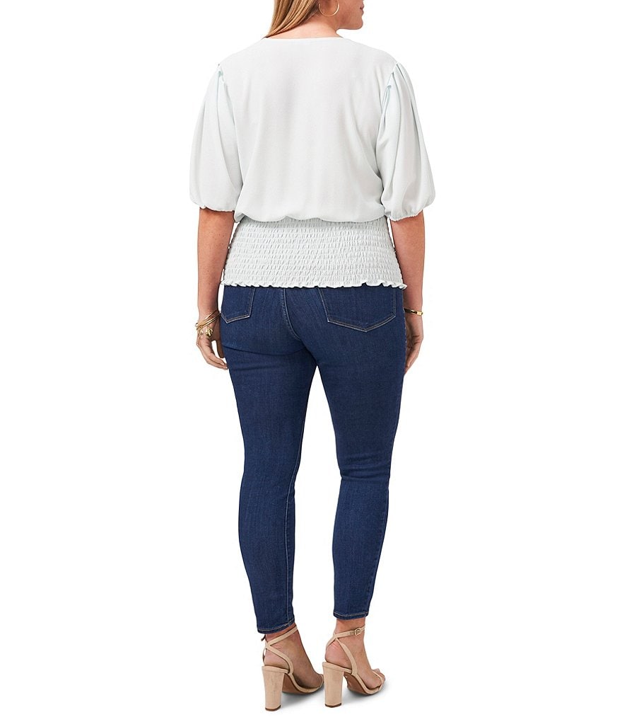 1. STATE Plus Size Surplice V-Neck Short Puff Sleeve Smocked Waist Top