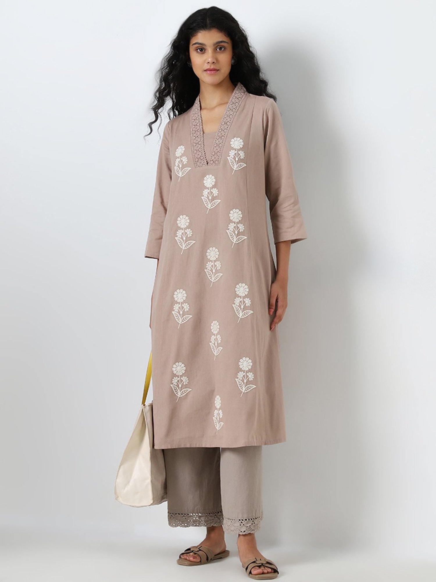 Utsa by Westside Dark Beige Embroidered A-Line Cotton Blend Kurta