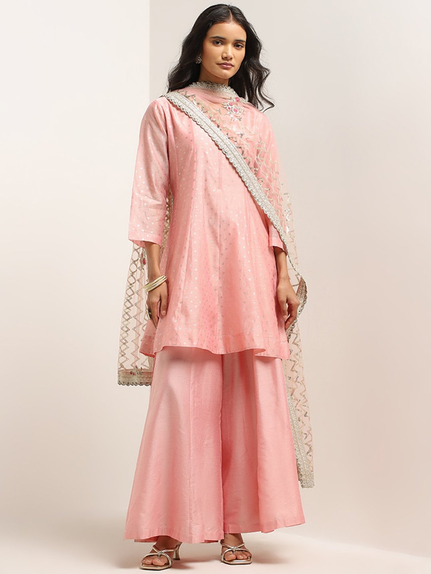 Vark by Westside Pink Printed A-Line Kurti, Palazzos and Dupatta Set