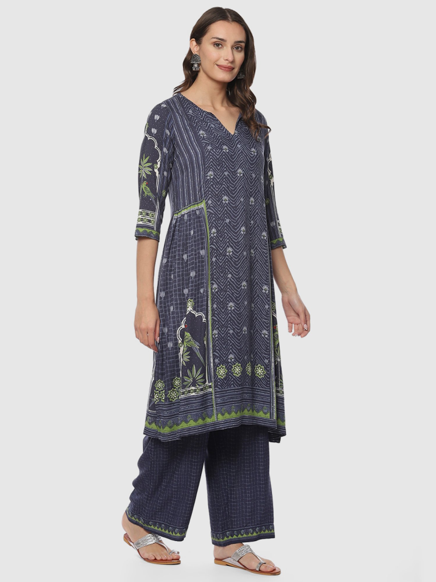 Biba Blue Printed Kurta Palazzo Set With Dupatta