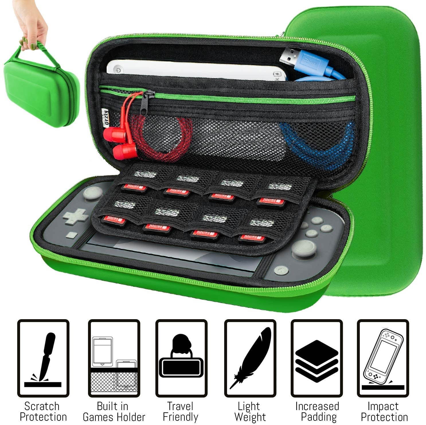 Orzly Switch Lite Accessories Bundle - Case & Screen Protector for Nintendo Switch Lite Console, USB Cable, Games Holder, Comfort Grip Case, Headphones, Thumb-Grip Pack & More - Green