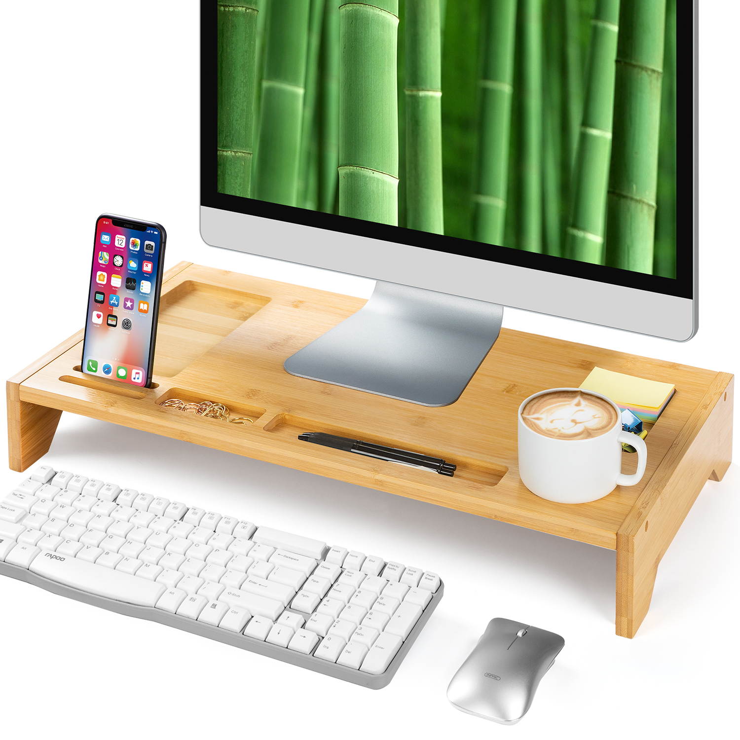 23 Inch Bamboo Monitor Stand Riser - Bamboo Desk Monitor Storage Organizer for Home and Office Computer Desk Laptop Printer TV Cellphone Stand Desktop Container by HUANUO