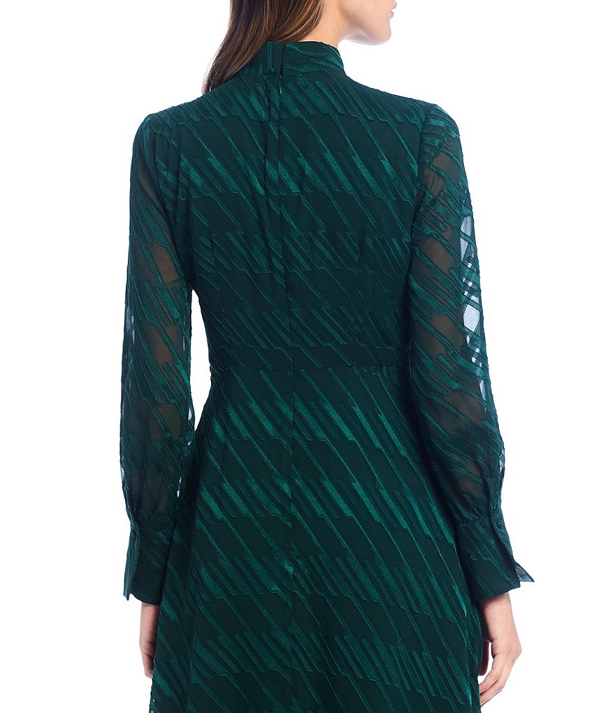 Maggy London Long Sleeve Mock Neck Linear Burnout Dress