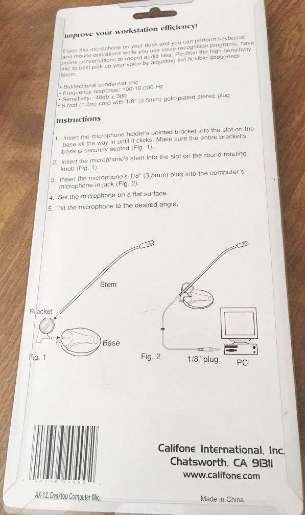 Califone AX-12 Computer Microphone, Adjusts to Fit Students of all Sizes, High Sensitivity Mic Ensures Accurate Voice Representation, 7' Cable with 3.5mm Stereo Plug