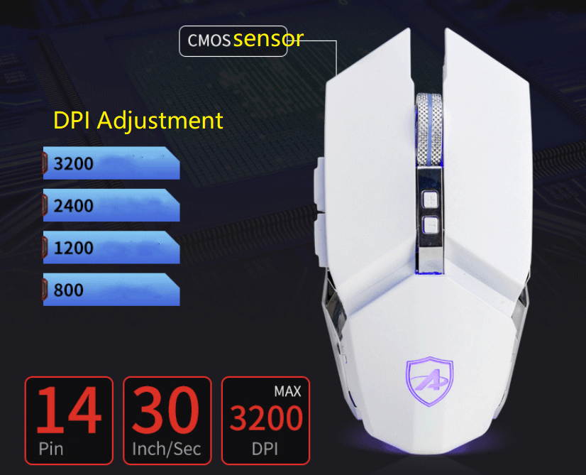 Ajazz AJ110S Ergonomic Design, Cool Exterior USB Wired 3200DPI Gaming Mouse, 4-color Breathing Light, Support PC and Laptop-Black