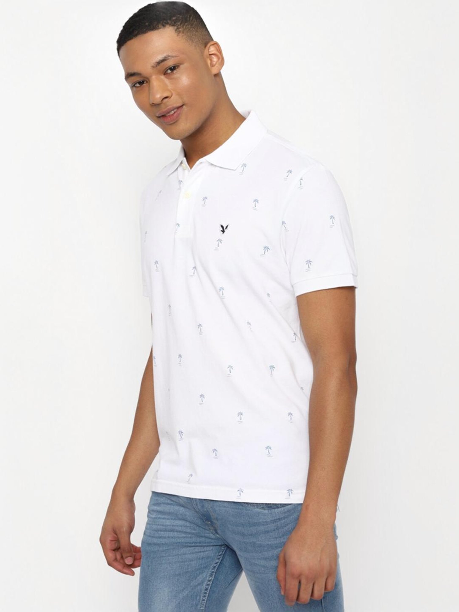 American Eagle White Cotton Skinny Fit Printed Polo T-Shirts