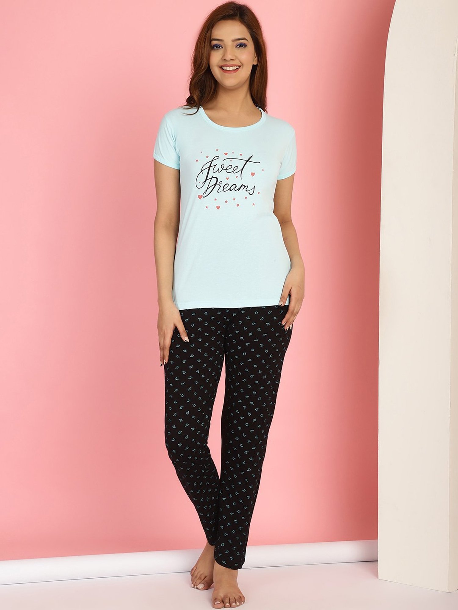 Gracit Turquoise & Black Cotton Printed Top With Pyjamas