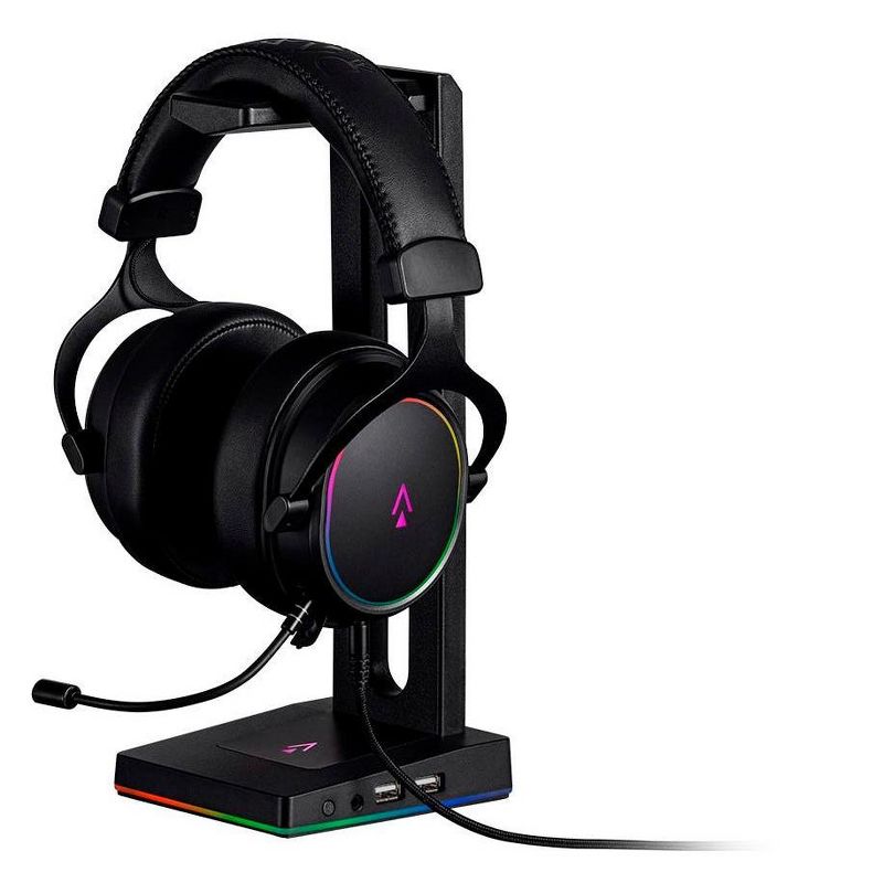 Monoprice Headset Stand - 2-port USB Hub, 3.5mm Audio Jack, RGB Lighting, Headphone Holder for Gamers Gaming PC Accessories Desk - Dark Matter Series