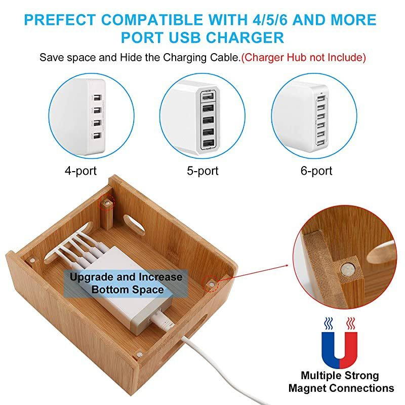 Bamboo Charging Stations for Multiple Devices, Upgrade Desk Docking Station Organizer for Cell Phones, Tablet, AirPods, iWatch Stand (Includes 5 Cables BUT NO Power Supply Charger)