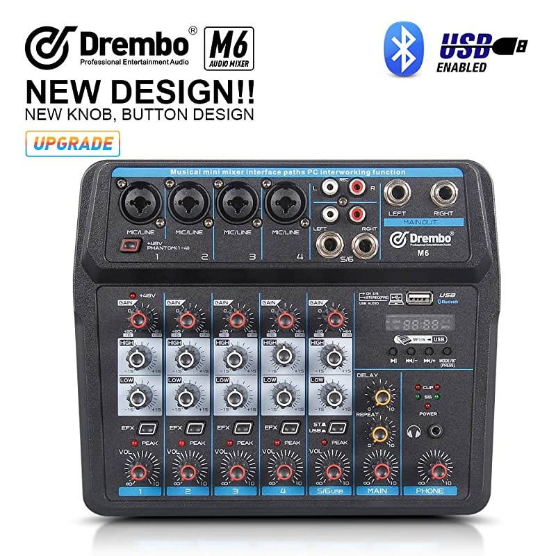 Mini 6 Channel Mixer Audio DJ Console with Sound Card, USB Audio Interface, 48V Phantom Power Mixer for PC Recording Singing Webcast Party ()