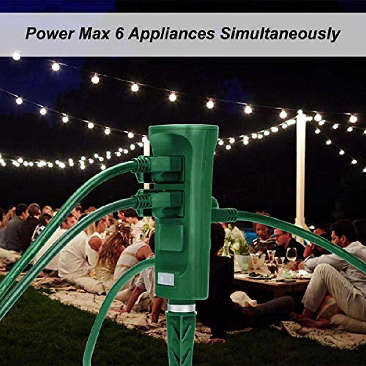 BESTTEN Outdoor Power Stake with 6 Outlets and 9 Foot Extension Cord, Heavy Duty Power Strip with Overload Protection Switch and Weatherproof Protective Covers, ETL Listed, Green