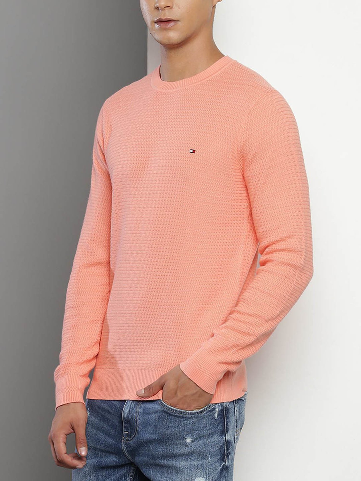 Tommy Hilfiger Peach Cotton Regular Fit Self Pattern Sweater