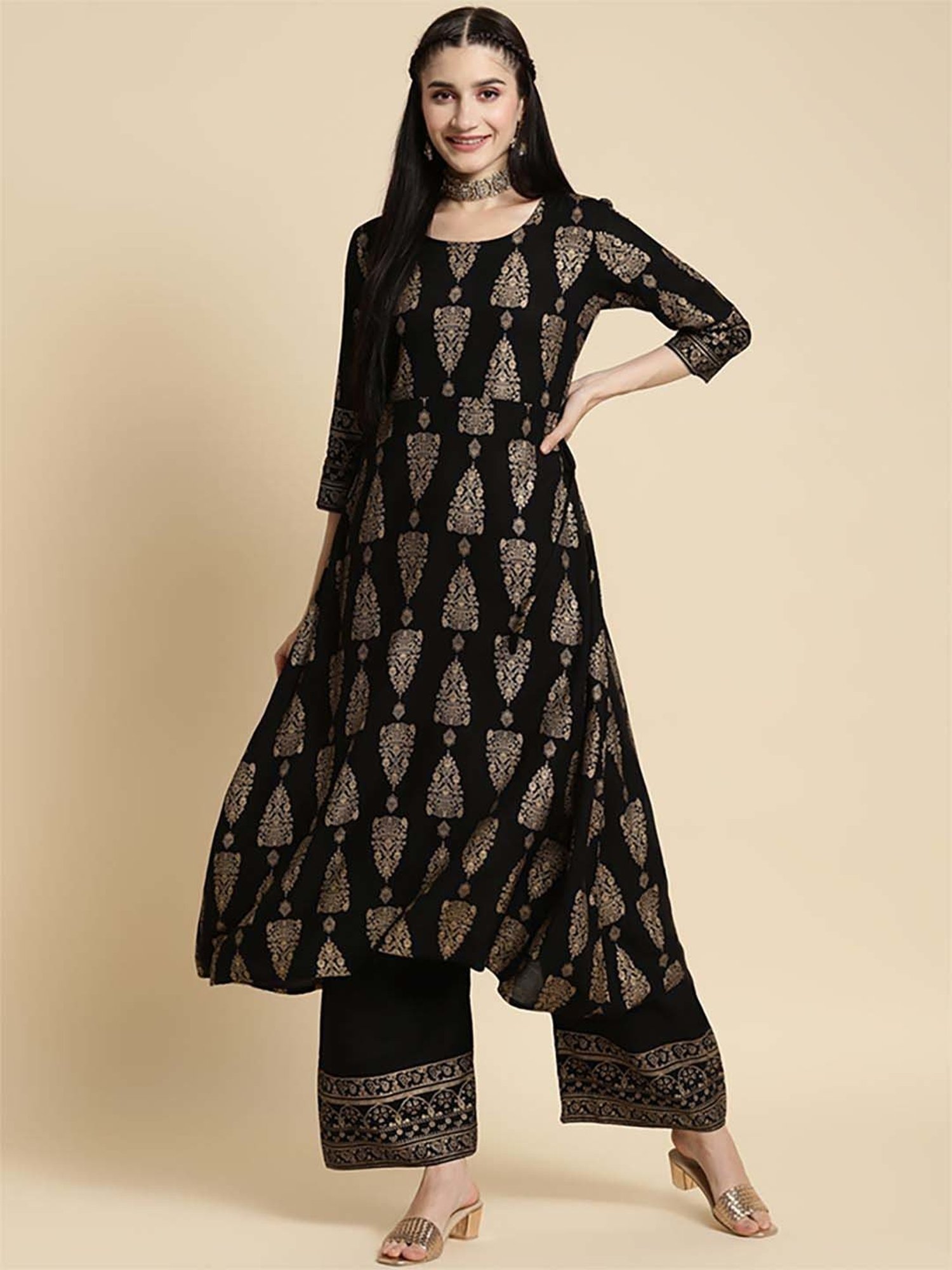 Rangita Black Floral Print Kurta Palazzo Set