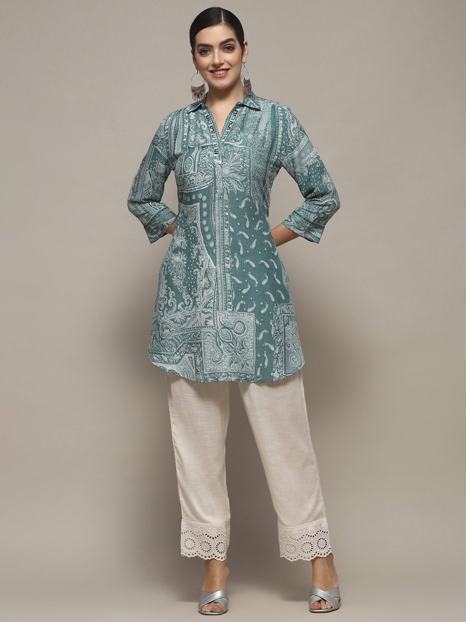 Biba Green Printed A Line Short Kurti
