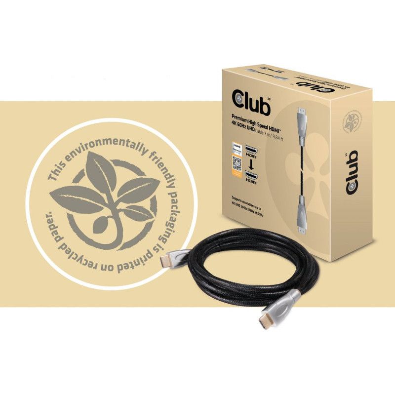 Club 3D Premium High Speed HDMI 2.0 4K60Hz UHD Cable 3 meter - 9.84 ft HDMI A/V Cable for Audio/Video Device, Notebook, HDTV, Gaming Computer