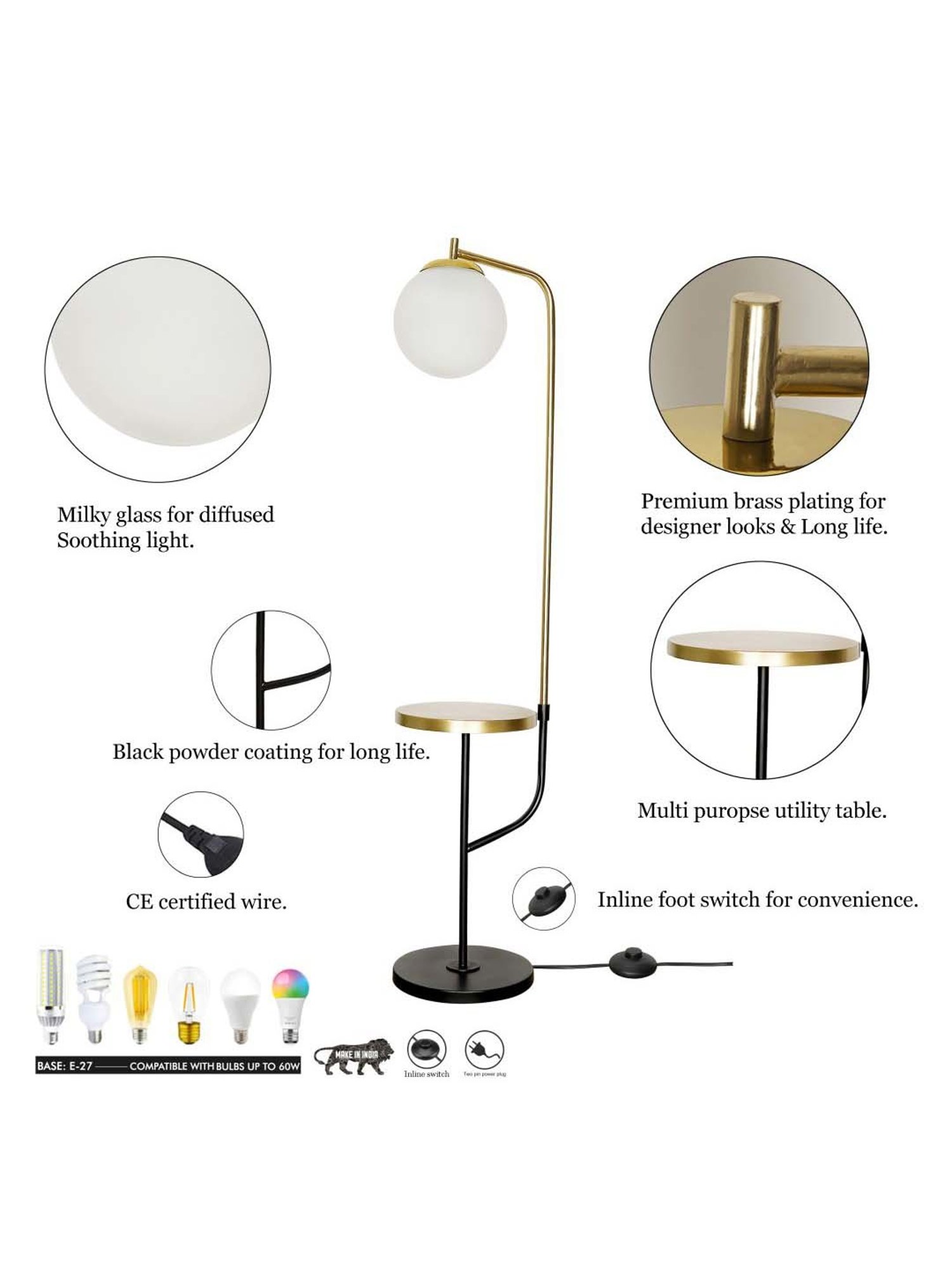 Kapoor E Illuminations Flemish Brass & Black Metal Single Light Globe Floor Lamp
