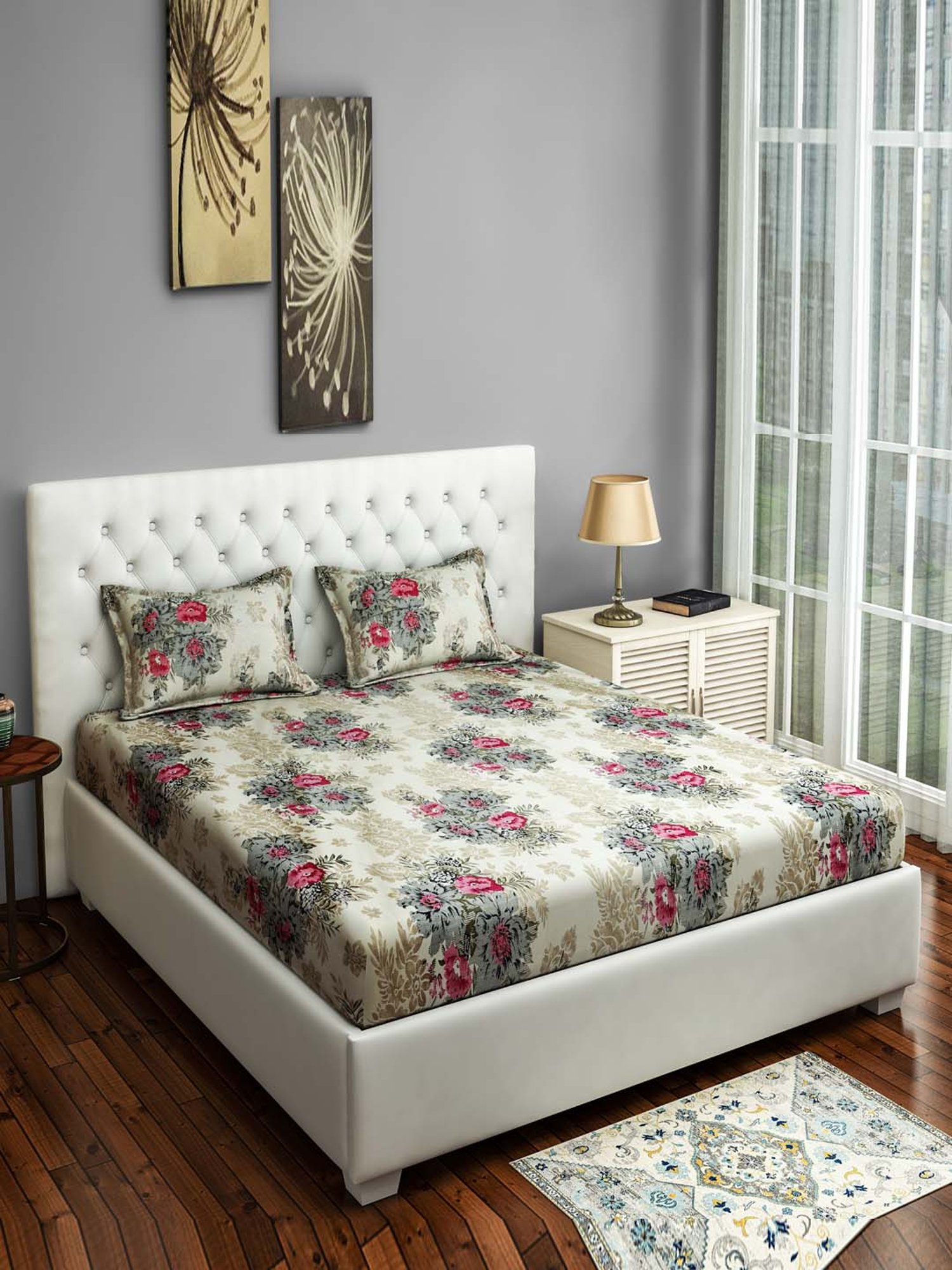 Swayam Floral Pink 144 TC Cotton King Bedsheet with 2 Pillow Covers