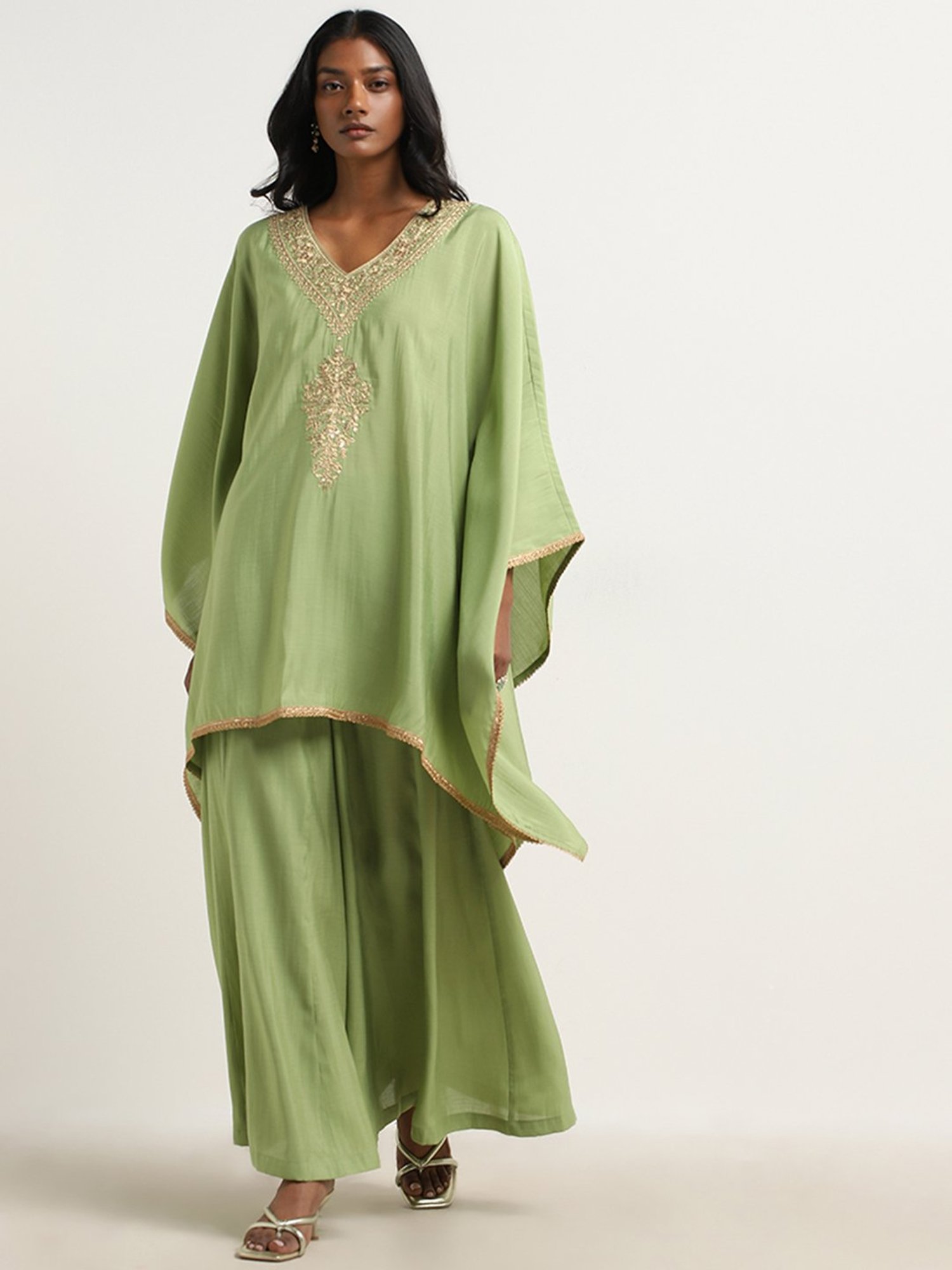 Vark by Westside Green Embellished Kaftan with Mid-Rise Palazzos Set