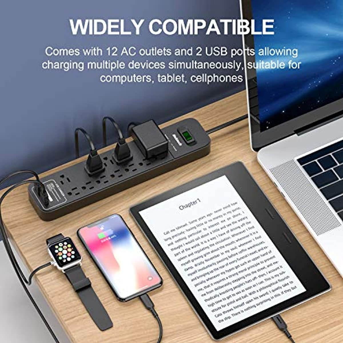 Power Strip Surge Protector, Nekteck Power Strip with 2 USB Port and 12 AC Outlet, 6ft Heavy Duty Extension Cord Wall Mount Charging Station for Home Outdoor Office (2390-Joule, 5V/2.4A)