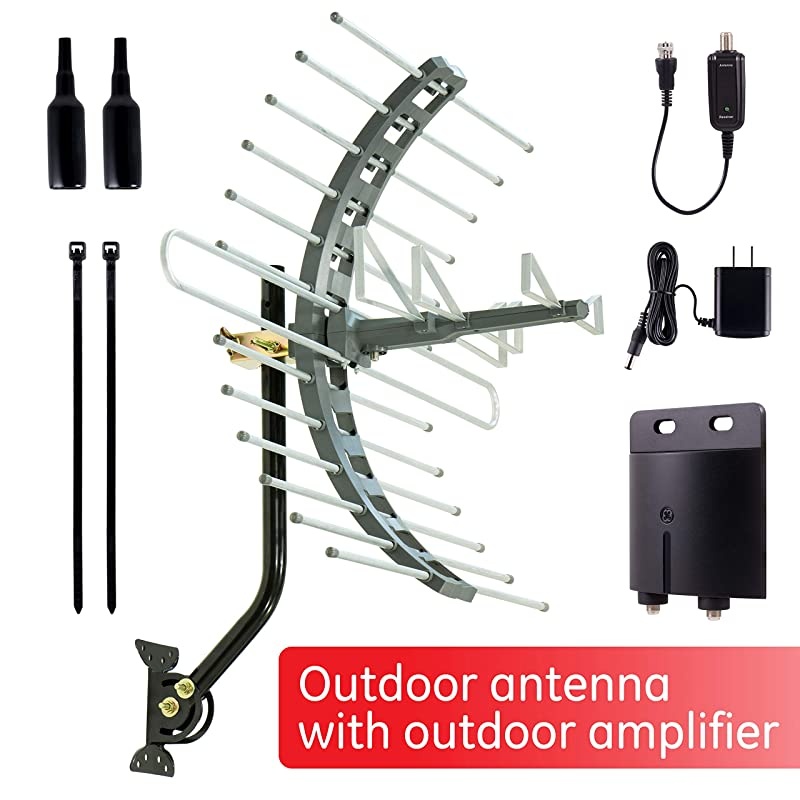 Pro Outdoor TV Antenna + Outdoor Antenna Amplifier, Long Ran Antenna, Attic Mount, Hardware Included, Digital HDTV 4K 1080P VHF UHF, Low Noise Signal Booster