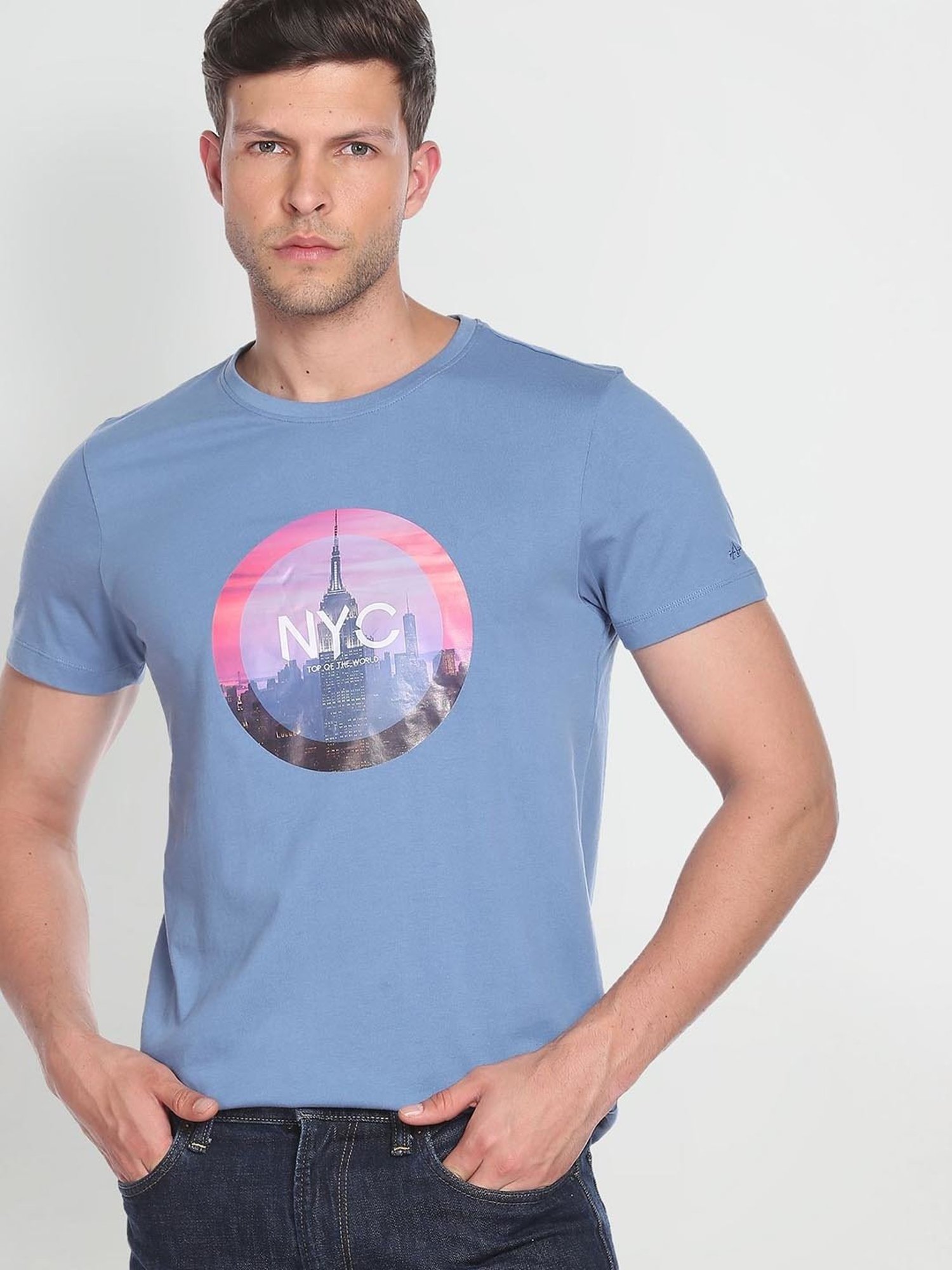 Arrow Sport Blue Cotton Regular Fit Printed T-Shirt