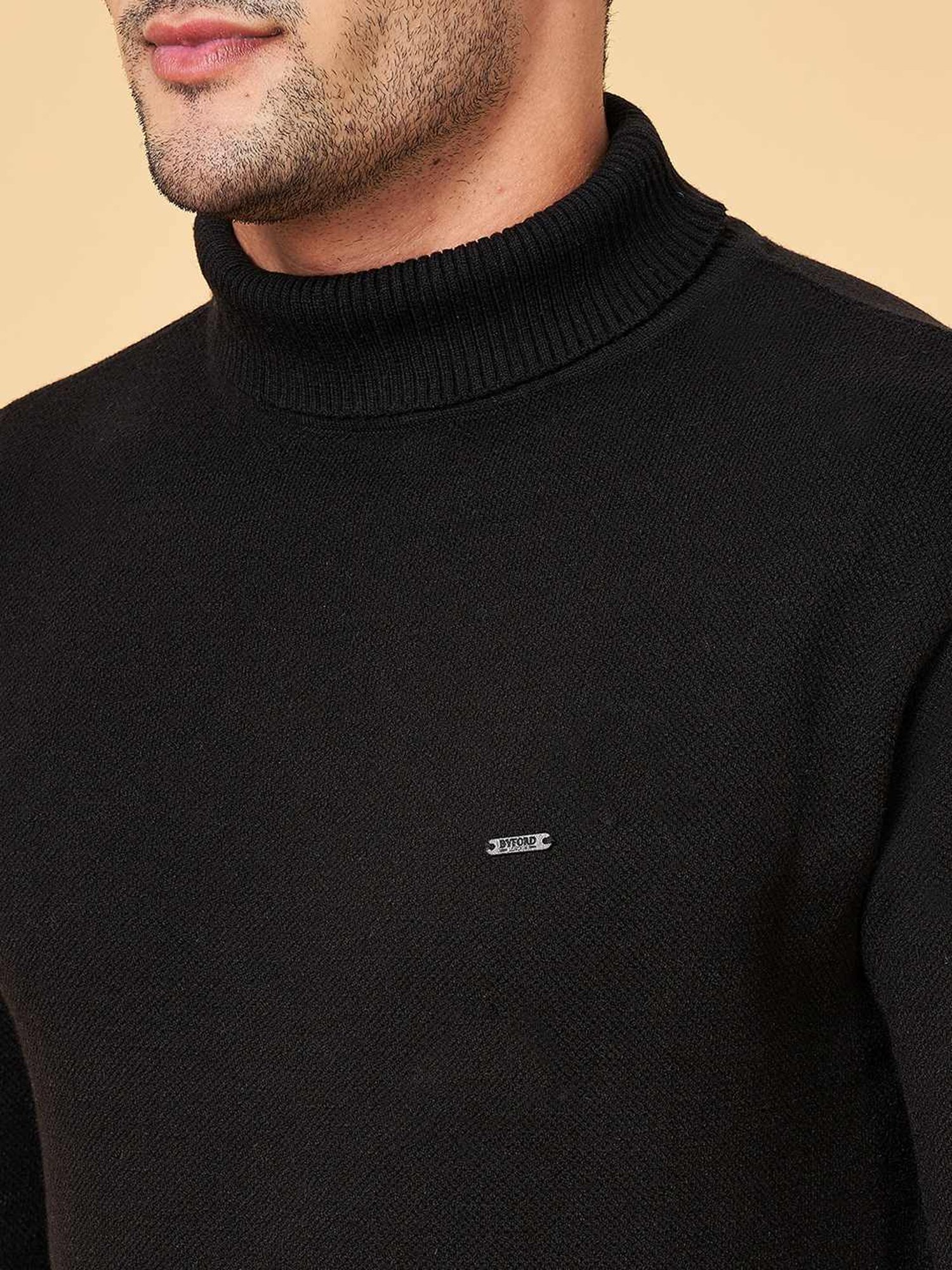 Byford by Pantaloons Black Slim Fit Self Pattern Sweater