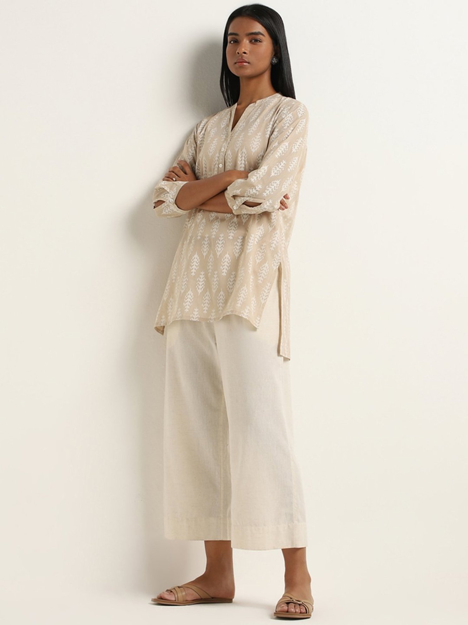 Utsa by Westside Beige Leaf Pattern Straight Kurti