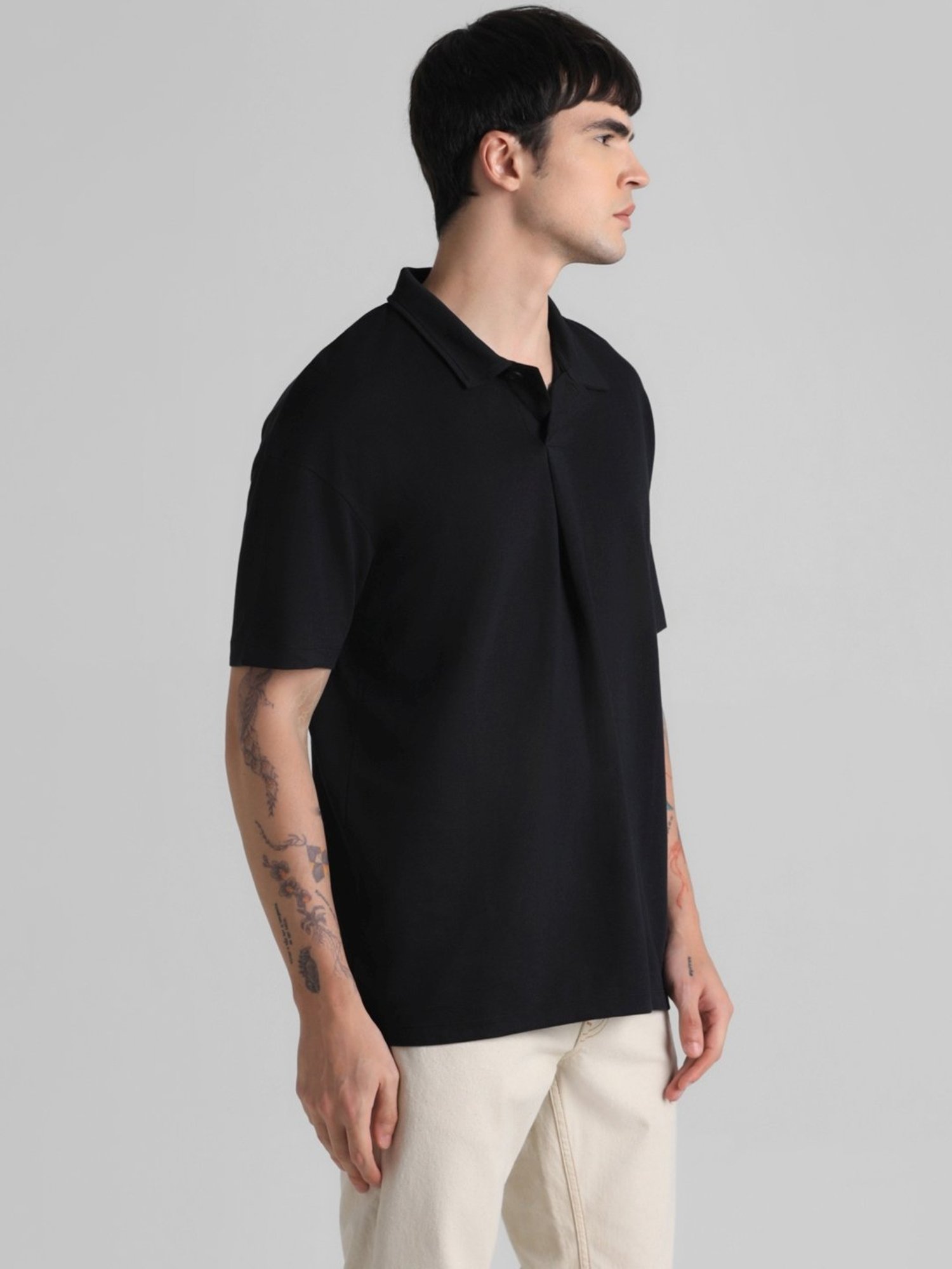 Jack & Jones Jet Black Cotton Boxy Fit Polo T-Shirt