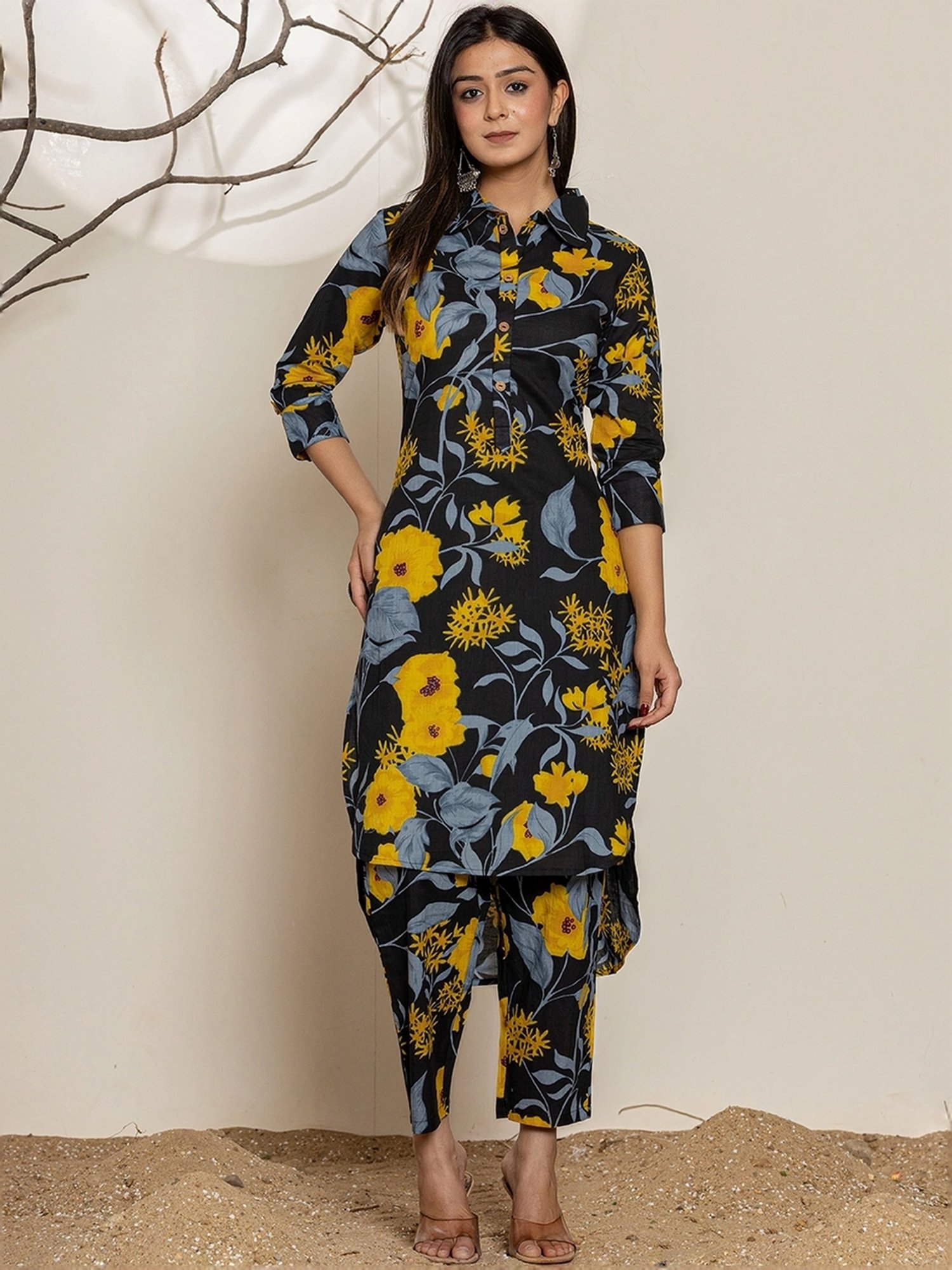 Yufta Black Cotton Printed Tunic Pants Sets
